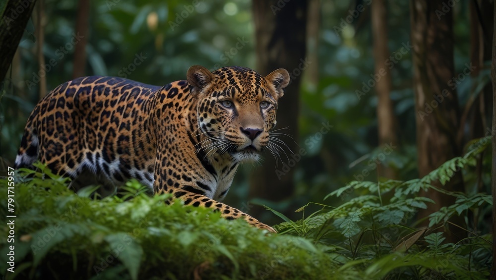 Fototapeta premium Jungle Jam: Jaguars Prowl Through Dense Foliage, Top Predator of Amazon Rainforest