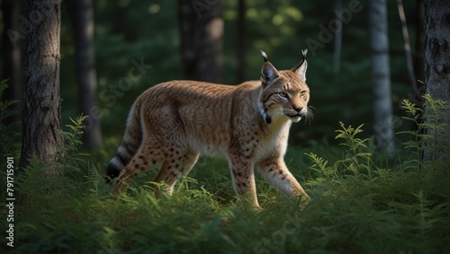 Forest Fugue: Lynx Stalks Through Dense Undergrowth, Stealthy Predator of Northwoods photo