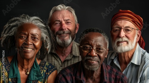 Happy senior group portrait against black background smiling for the camera © VICHIZH