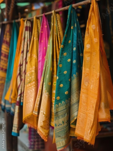 A traditional Indian textiles hanging in a vibrant marketplace, showcasing local craftsmanship.