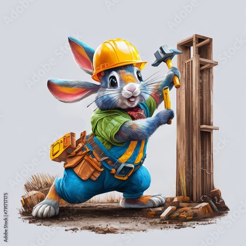 Bunny wears a helmet and holds a hammer, Generative AI