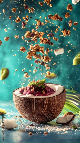 An enticing acai bowl in a coconut shell with granola, fruits and seeds flying around, implying action and fresh ingredients in a vibrant setting photo