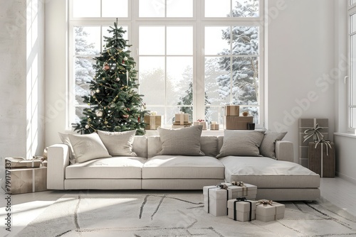 Stylish Christmas white Scandinavian Minimalistic Interior with large Sofa and Christmas tree with Giftboxes in sunny Living Room