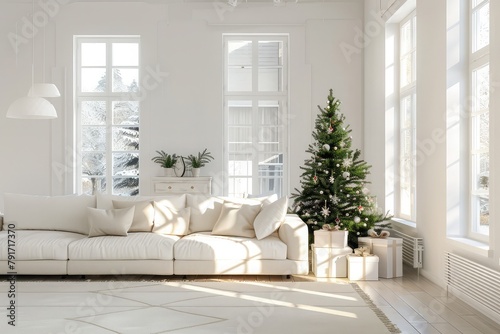 Stylish Christmas white Scandinavian Minimalistic Interior with large Sofa and Christmas tree with Giftboxes in sunny Living Room