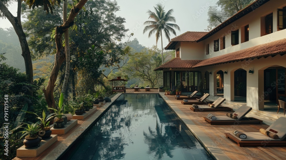 A serene yoga retreat in the Indian countryside, promoting wellness and relaxation.