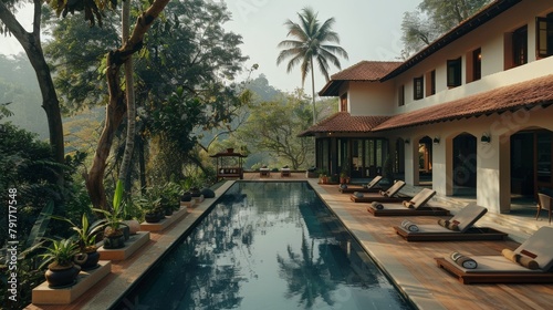 A serene yoga retreat in the Indian countryside, promoting wellness and relaxation. © taelefoto