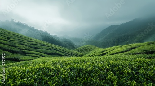 A tranquil tea plantation in the hills of Darjeeling, India.