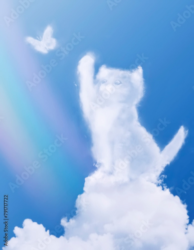 Angel cat walking on the rainbow. Cat clouds shape. Cat catches a butterfly
