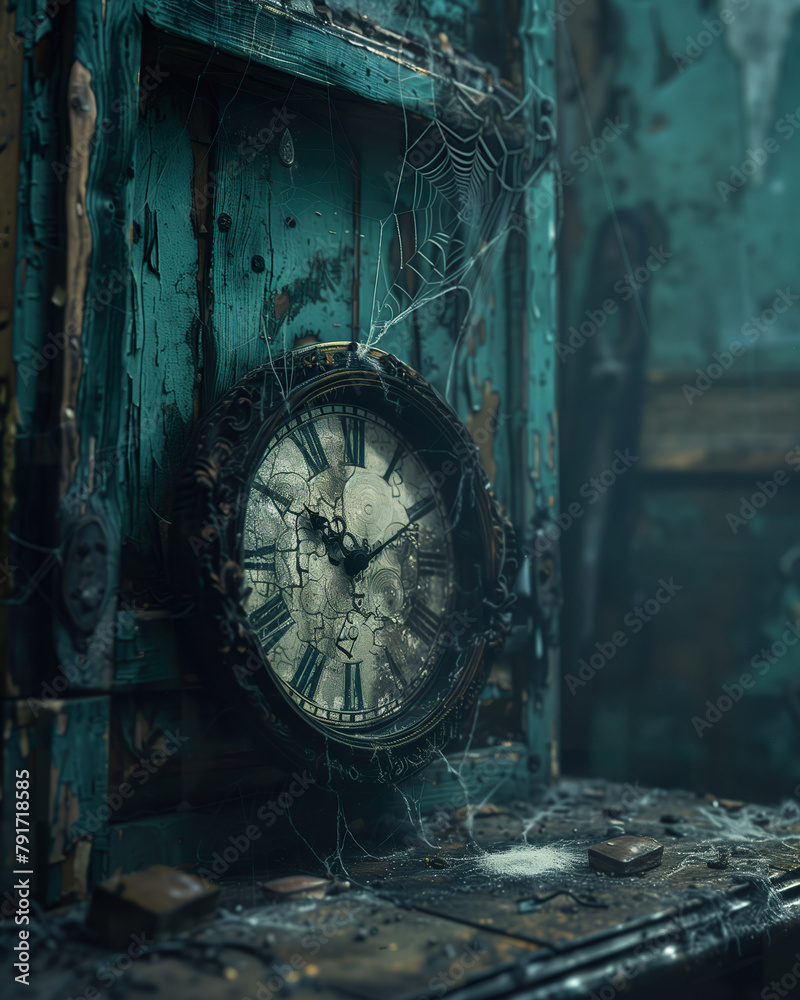 Gothic clock in abandoned setting with cobwebs. 