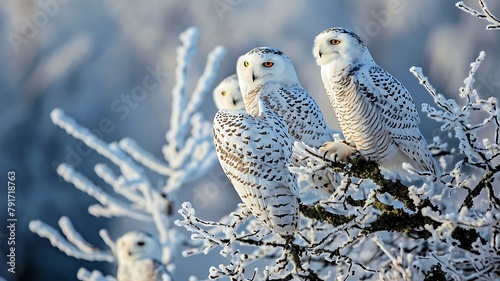 Group of Snowy Owls Perched on Snowy Branches, Their White Feathers Blending Seamlessly with the Winter Landscape





 photo