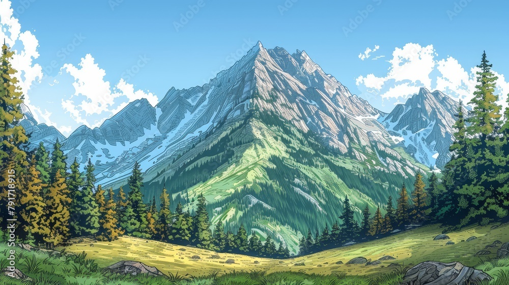 Fototapeta premium Place: A coloring book illustration of a majestic mountain peak