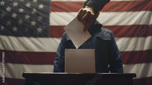voting by a citizen with a white envelope in his hand, who lowers his vote into the ballot box against the background of the American flag. The concept of an election banner photo