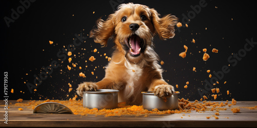 a dog with its mouth open and food in bowls photo
