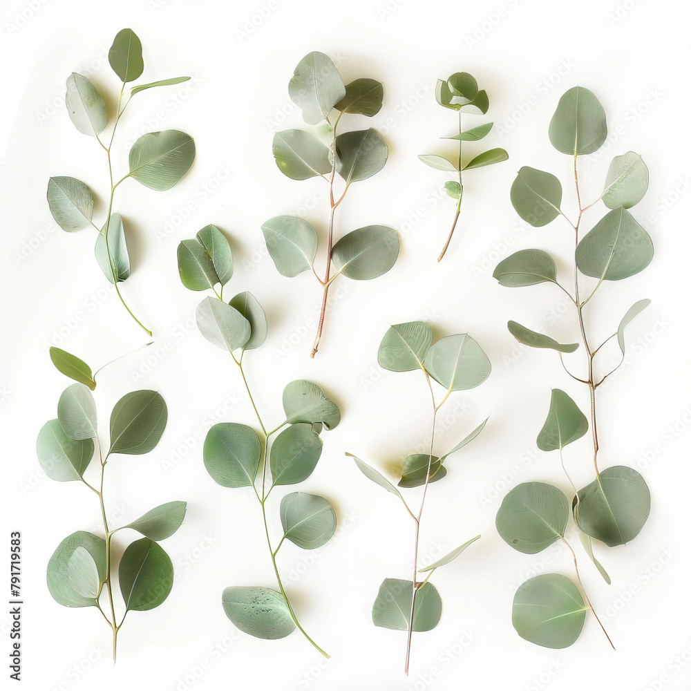 White background with eucalyptus leaves

