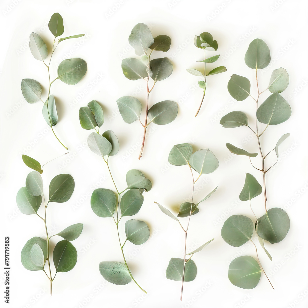 Obraz premium White background with eucalyptus leaves 