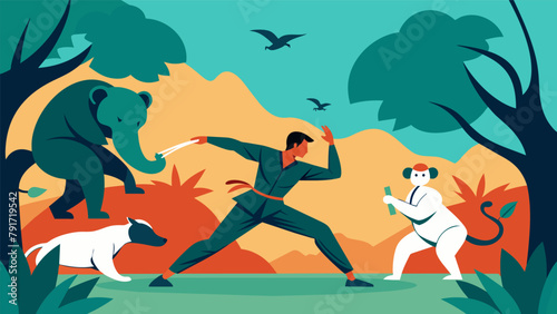 A demonstration of martial arts techniques being used to protect endangered species from poachers.
