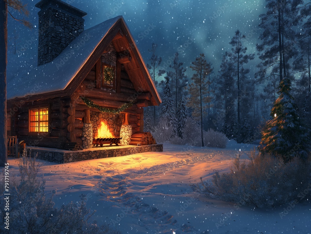 A cozy cabin in the woods with a fireplace and a Christmas tree. The scene is set in the winter season, with snow covering the ground and trees. The atmosphere is warm and inviting