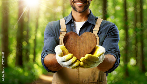 Manual worker with protective work gloves (cupped hands), holding a brown wooden heart in a green forest. Sustainable resources and environmental conservation concept. Generative Ai. © Alberto Masnovo