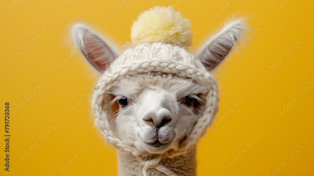 Obraz premium Delightful Alpaca in Cozy Bonnet on Vibrant Yellow Background