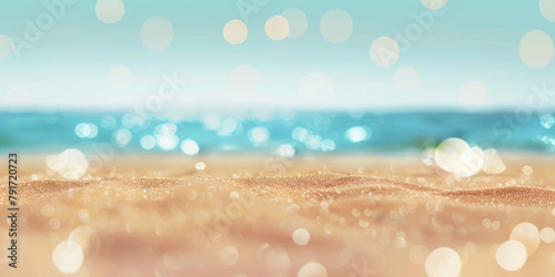 Tropical sand beach, ocean water sparkles against blue sky, summer vacation holiday defocused background