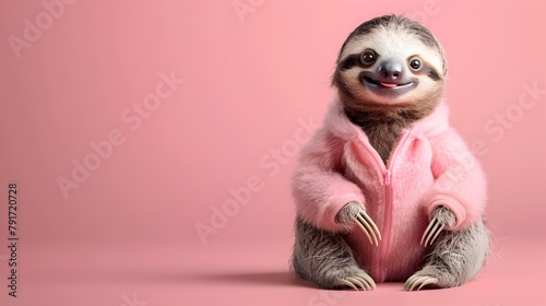 Delightful Baby Sloth Smiling in Cozy Outfit on Vibrant Pink Background