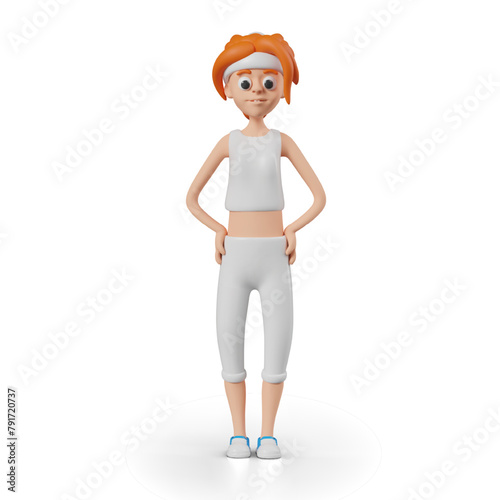 Red haired woman in sportswear stands with her hands at her sides. Initial position