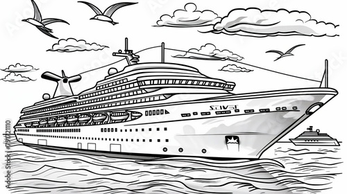 Vehicles: A coloring book page featuring a long, sleek cruise ship sailing on the ocean, with seagulls flying overhead