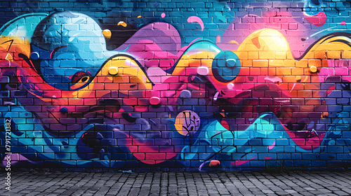 Abstract graffiti with retro video game elements, blue purple palette.