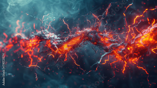 Abstract digital illustration of a neural network with fiery connections on a smoky background.