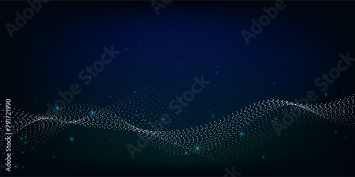 Abstract vector background blue gradient dark wave lines shining with light particles