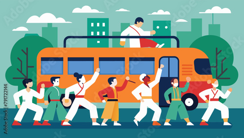 Participants using public transportation or carpooling to get to a martial arts competition to reduce their carbon footprint.