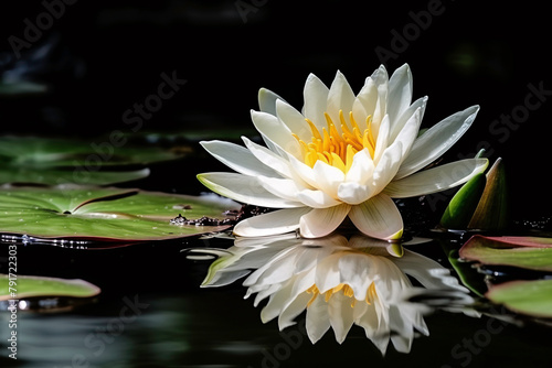 a white flower with yellow center on water © VSTOCK