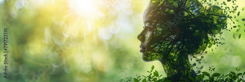 Earth Day banner featuring a woman's visage in a scene of verdant forests. Generative Ai. photo