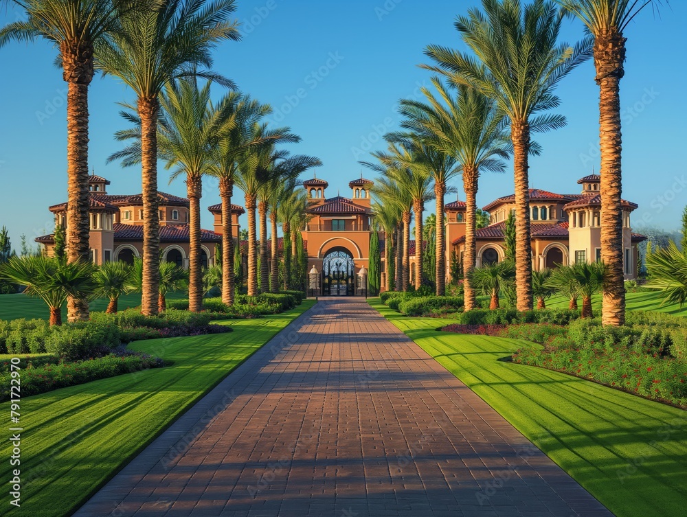 A large, ornate building with a long, brick walkway leading to it. The walkway is lined with palm trees and is surrounded by a lush green lawn. The building appears to be a hotel or resort