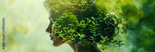 Earth Day banner featuring a woman's visage in a scene of verdant forests. Generative Ai. photo