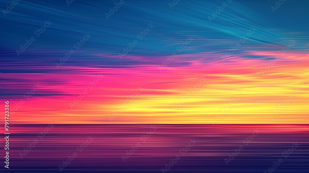 This captivating digital artwork features a radiant sunset with rich, flowing colors over the smooth surface of water, creating a serene and picturesque scene.