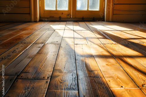 A wooden floor with a window in the background