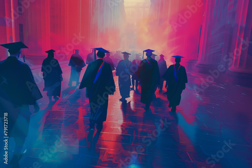 A group of people wearing graduation gowns walk down a street