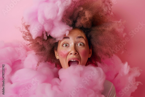 A woman with a big curly head is covered in pink cotton candy photo