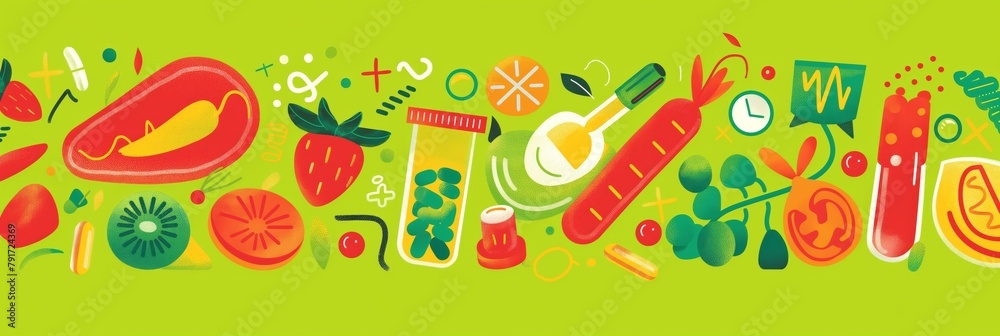 Vibrant, playful illustration of assorted vegetables and fruits, depicting healthy eating and nutrition concepts Vibrant, playful illustration of assorted vegetables and fruits, depicting healthy eating and nutrition concepts