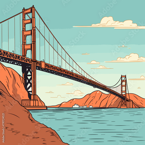 Golden Gate Bridge. Golden Gate Bridge hand-drawn comic illustration. Vector doodle style cartoon illustration
