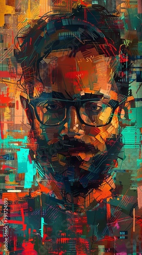 Artistic digital painting of a man's face with a complex overlay of abstract digital elements and vibrant colors.