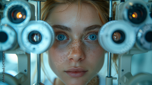 Close-up portrait of a young girl in an ophthalmic laboratory. photo