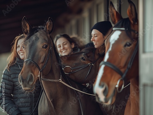 A group of women are standing next to three horses, one of which is wearing a bridle. The women are smiling and seem to be enjoying their time with the horses. Scene is happy and friendly