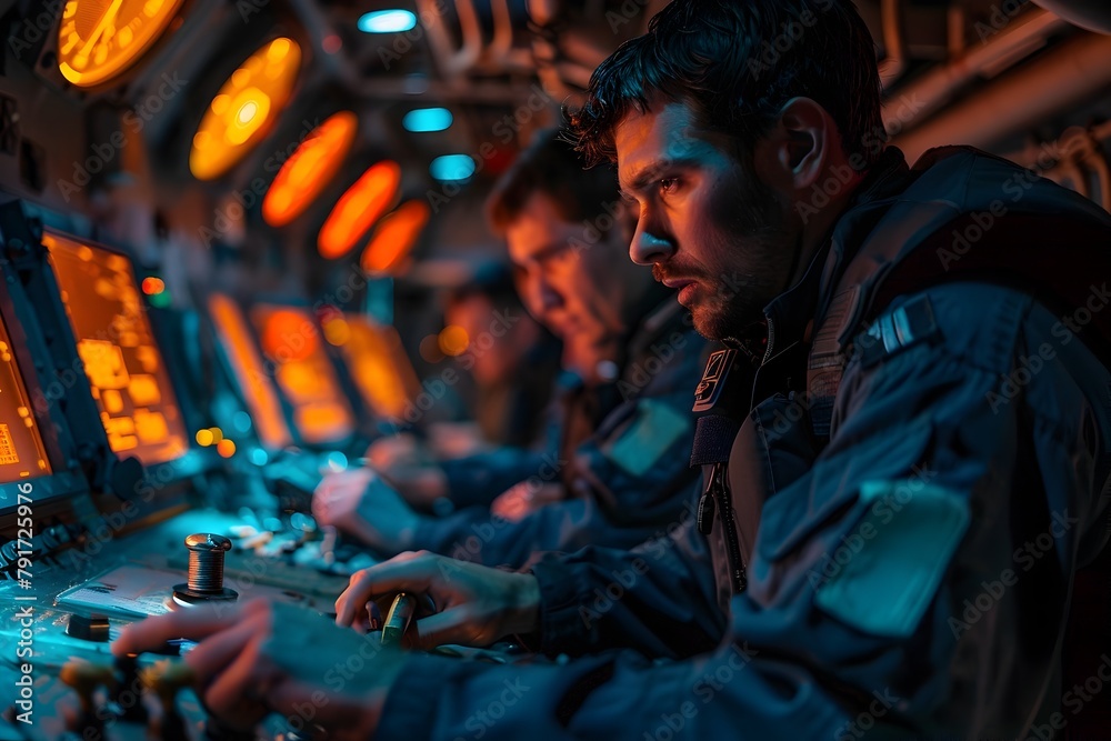 Submarine Crew Collaborating in the Control Room During a Critical Mission Submarine Crew Collaborating in the Control Room During a Critical Mission
