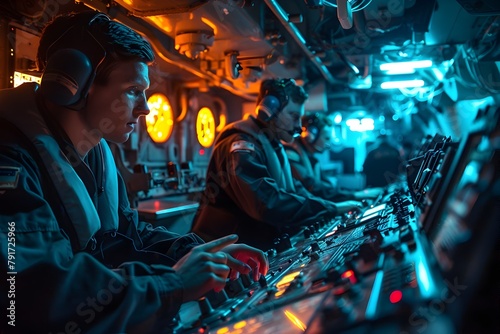 Sailors Collaborating in the Submarine Control Room:Striking Images of Navy Crew Operating Advanced Technology and Equipment