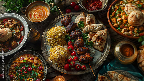 Eid Mubarak Blessing for Eid A Creative poster for Eid with Moon and iftar meal together, hyperrealistic food photography