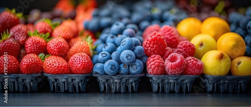 various fruit and berries in tray at supermarket, Generative Ai