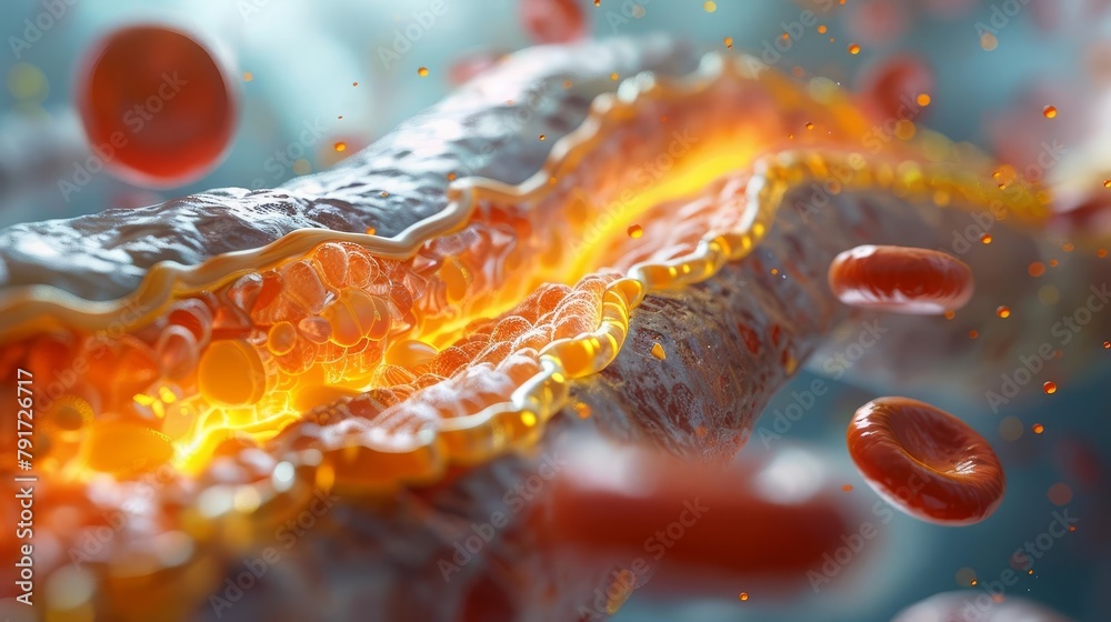 Visualize a cross section of an artery showing cholesterol plaques adhering to the walls