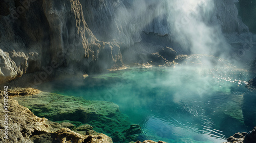  An otherworldly landscape of a volcanic crater lake, with emerald green water surrounded by rugged volcanic cliffs and steam rising from the surface. photo